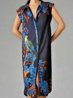 The Lillian Button-Front Midi Dress by Maeve, Blue Floral, Size L